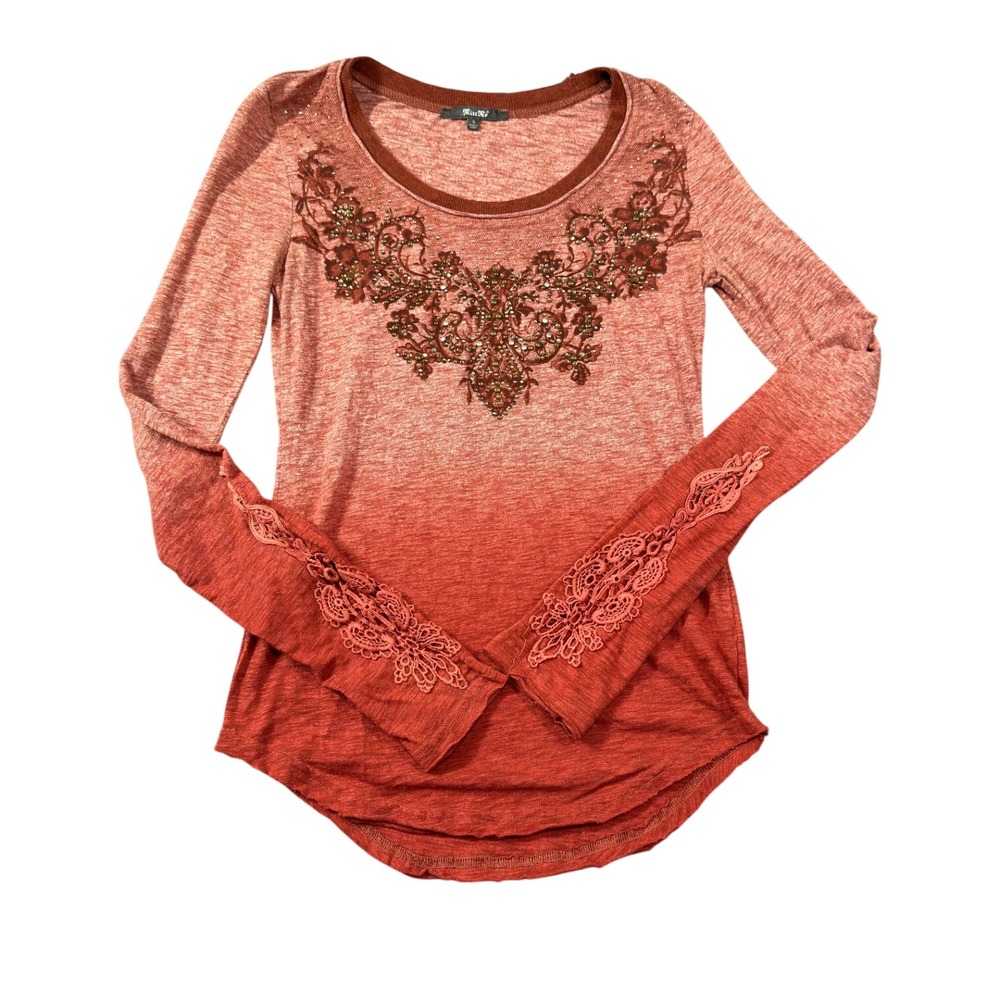 Miss Me Ombre Embellished Long Sleeve Top Orange Red Crochet Lace Rodeo Western